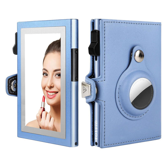 Women Wallet for Airtag, Small Pretty Wallet with Mirror for Women,Pop Up Wallet Compatible with Airtag, Tri-fold Genuine Leather Wallet Women with Mirror
